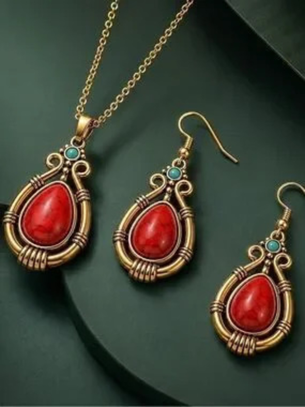 Anthropologie Gold-Tone Necklace & Earrings with Red and Turquoise Accents